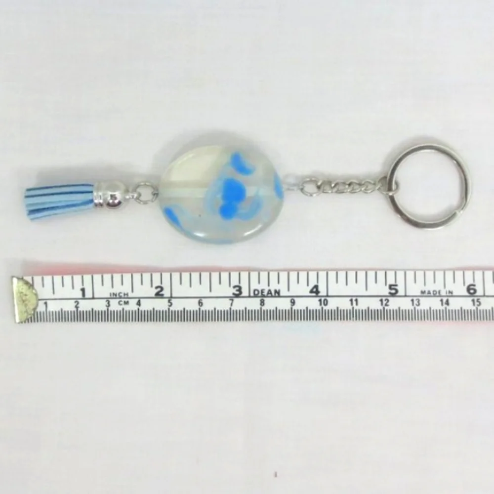 New Handcrafted Keychain Bag Charm Blue Beaded Boho Leather Tassel Swivel Clip